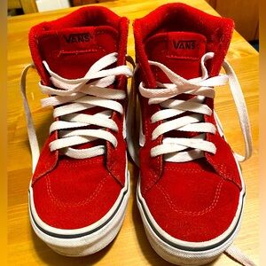 Red suede Vans high tops. Girls size 2. Worn a few times. Like new